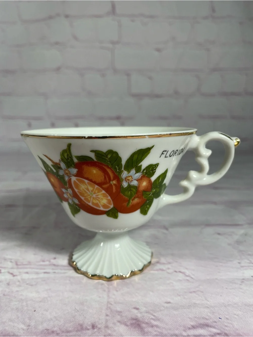Vintage Florida Oranges Souvenir Footed Teacup and Saucer Set Gold Trim